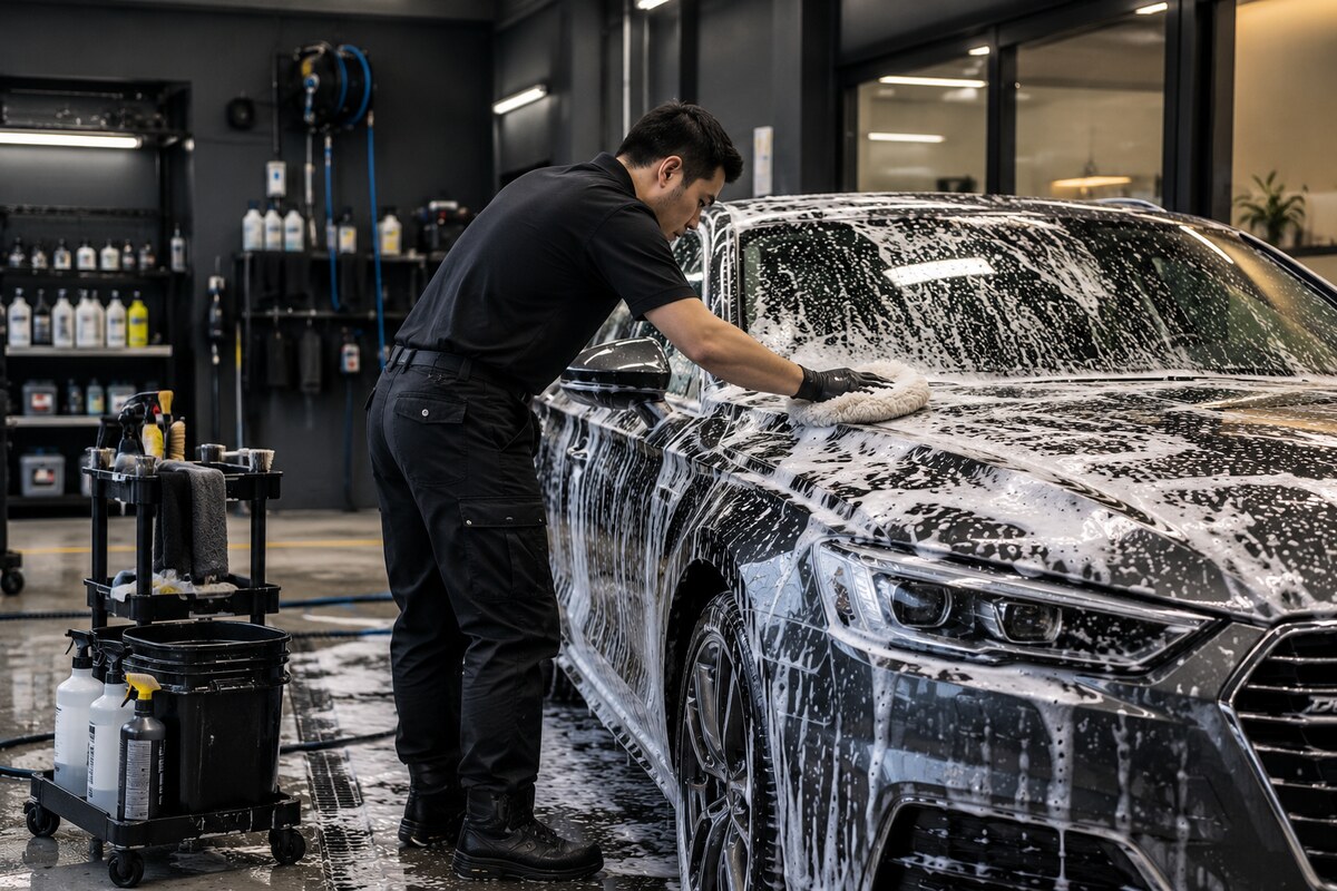 A detailer carefully washing a foam-covered vehicle by hand