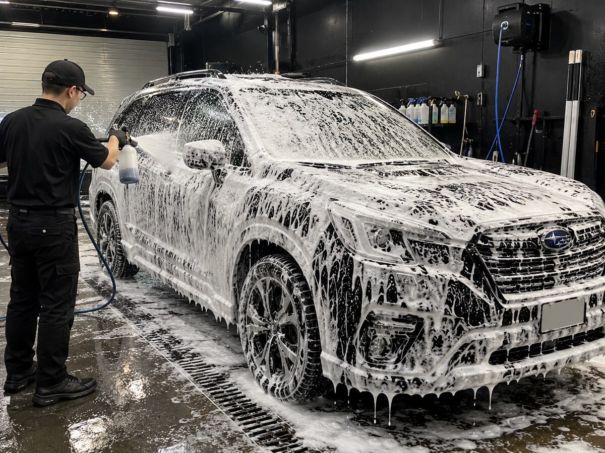 An SUV being foam-washed inside a detailing workshop
